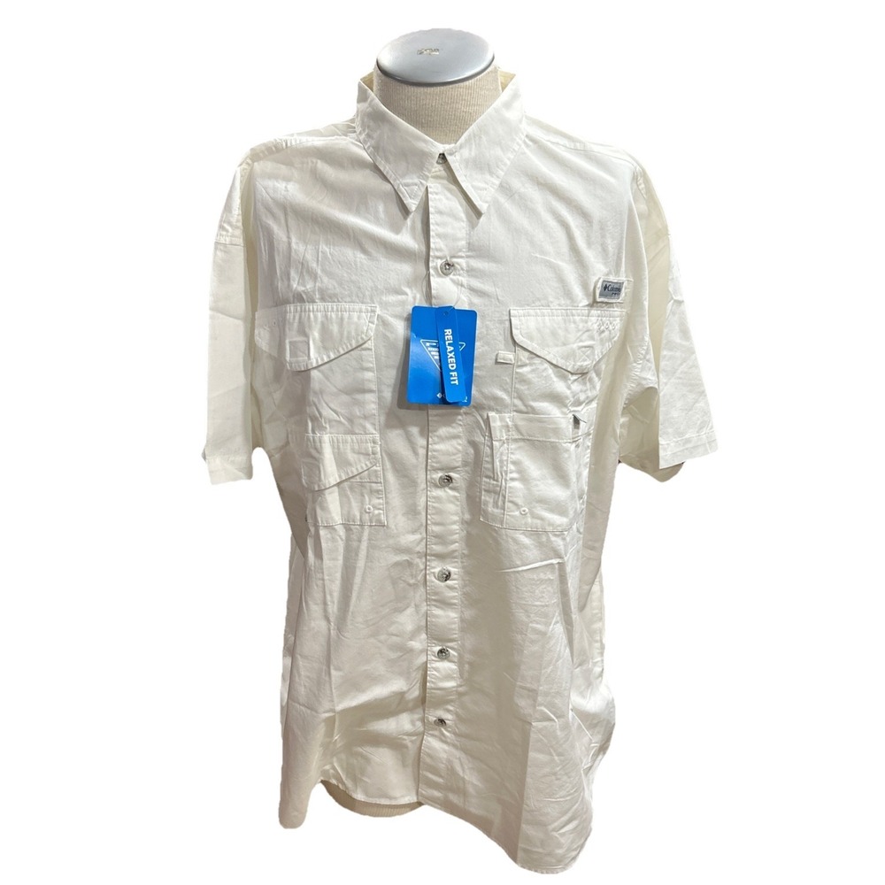 Columbia Mens PFG Shirt Large Bonehead White Short Sleeves Relaxed Fit Fishing